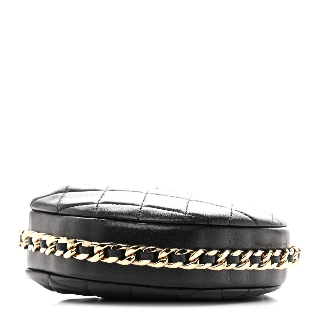 Lambskin Quilted Chain Around Pouch Hobo Black