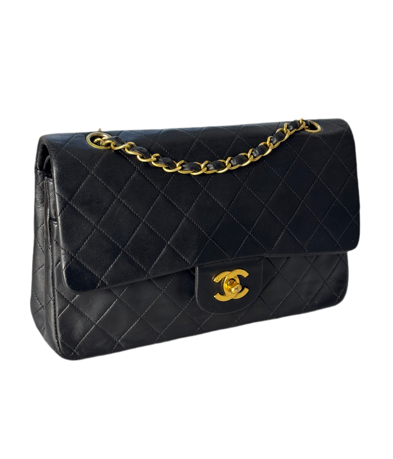 Chanel Vintage Stoff Timeless Flap Bag Black Medium 24k Gold Hardware