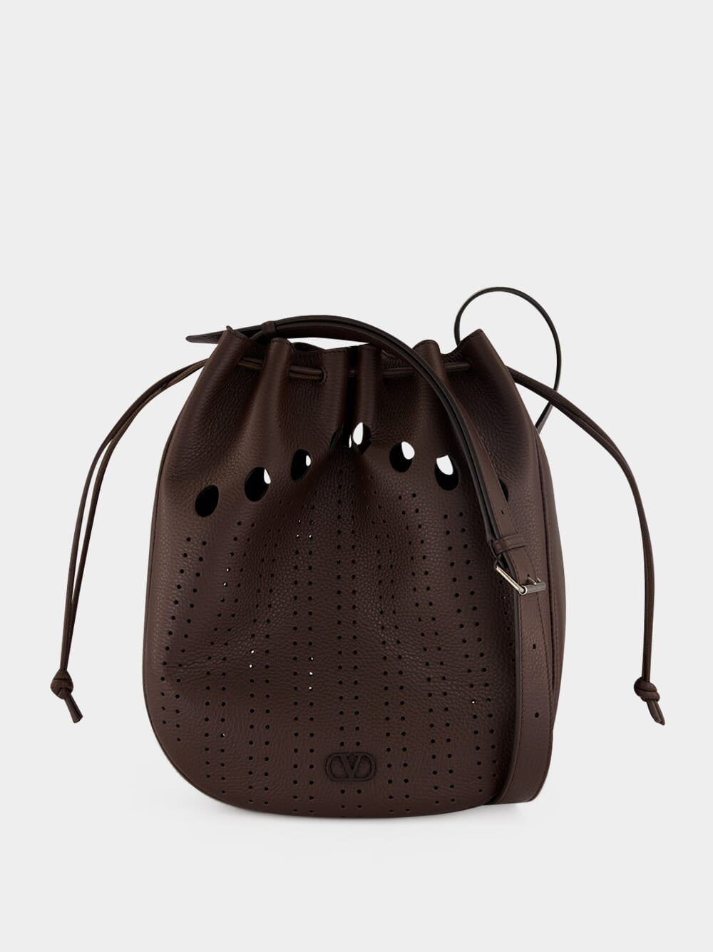 Dark Brown Perforated Leather Bucket Bag