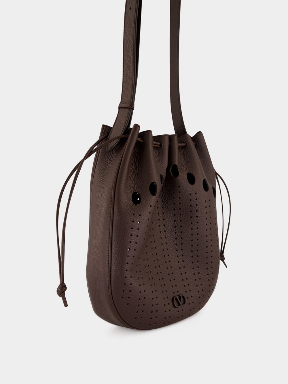 Dark Brown Perforated Leather Bucket Bag