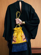 Fukuro Yellow Embroidered Velvet Bag with Tassel