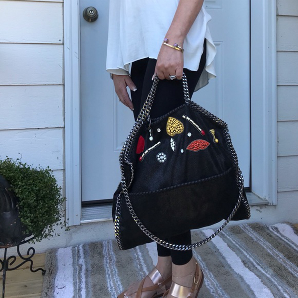 Stella Mccartney Falabella Heart Suede Embellished Tote Handbag Black Bag NEW