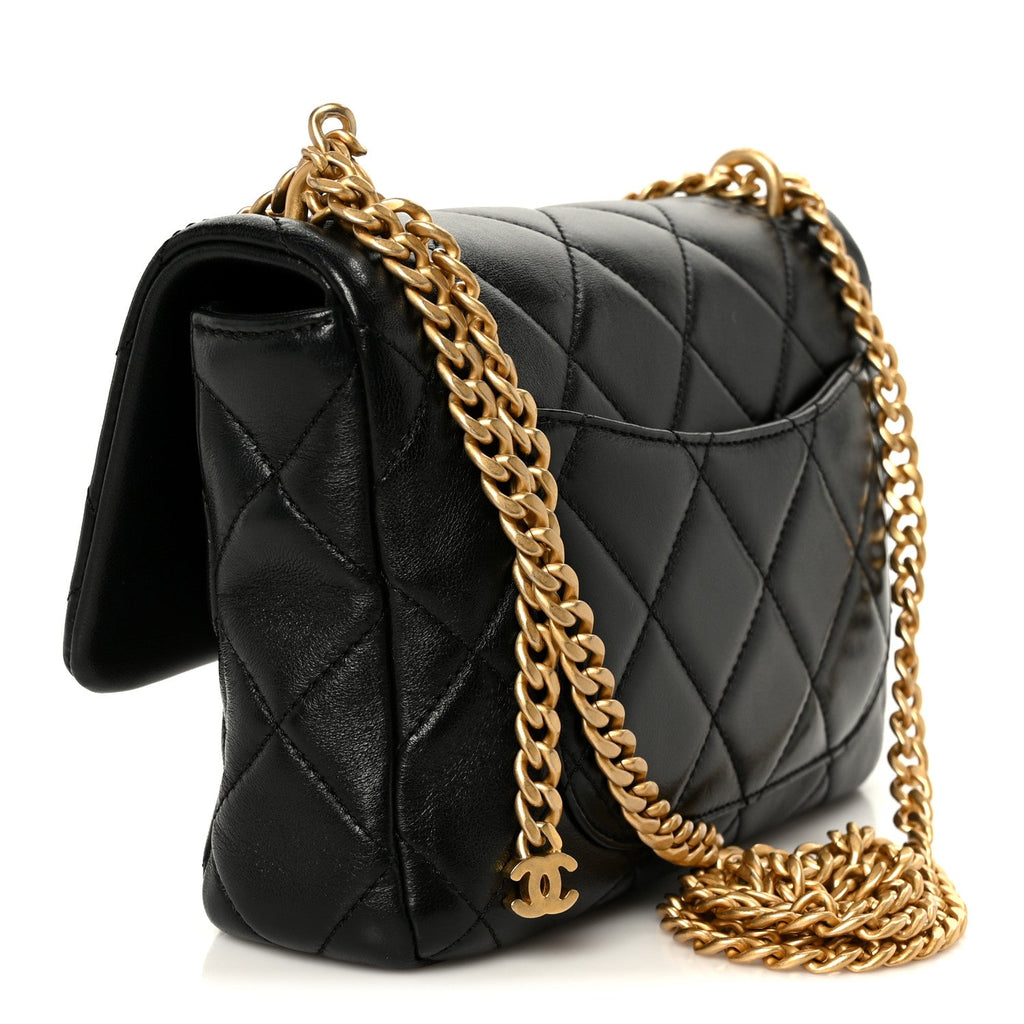 Lambskin Enamel Quilted Pending CC Square Flap Black