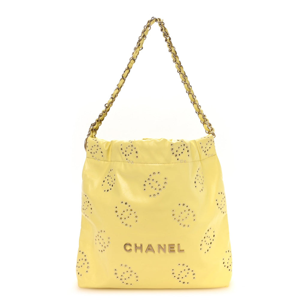 Shiny Calfskin Eyelet CC Small Chanel 22 Light Yellow
