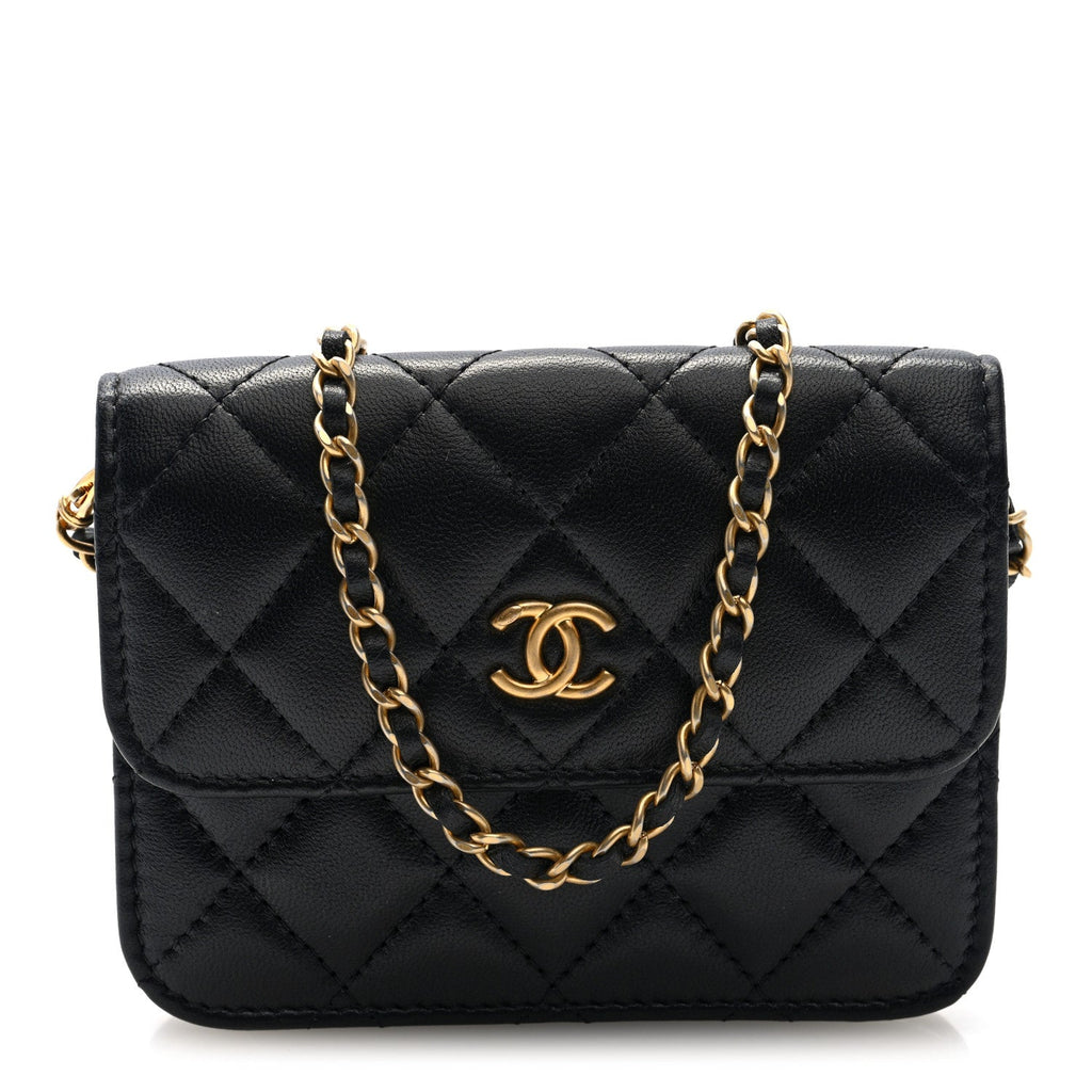 Lambskin Quilted Pearl Crush Flap With Chain Black