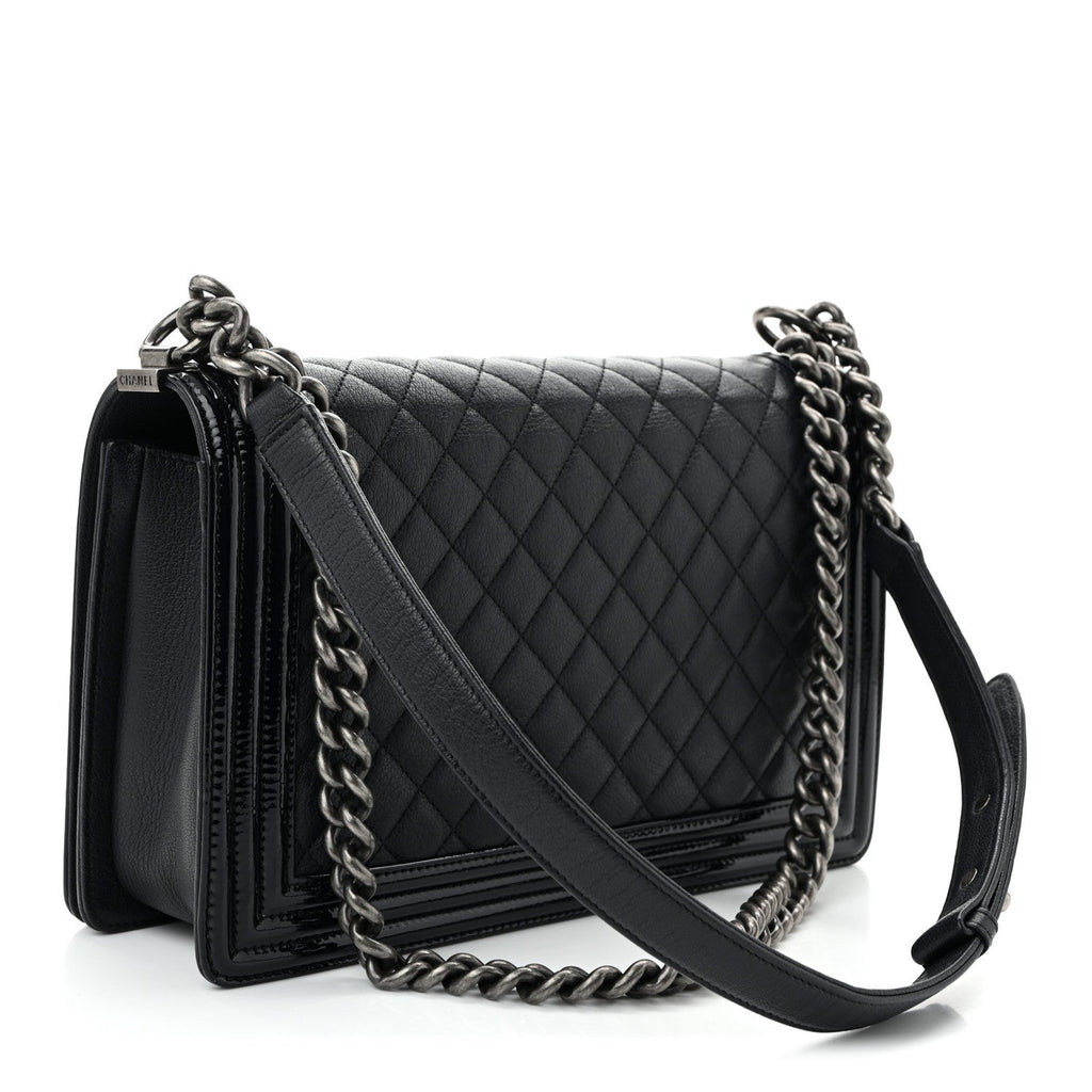 Goatskin Quilted Patent New Medium Duo Boy Flap Black