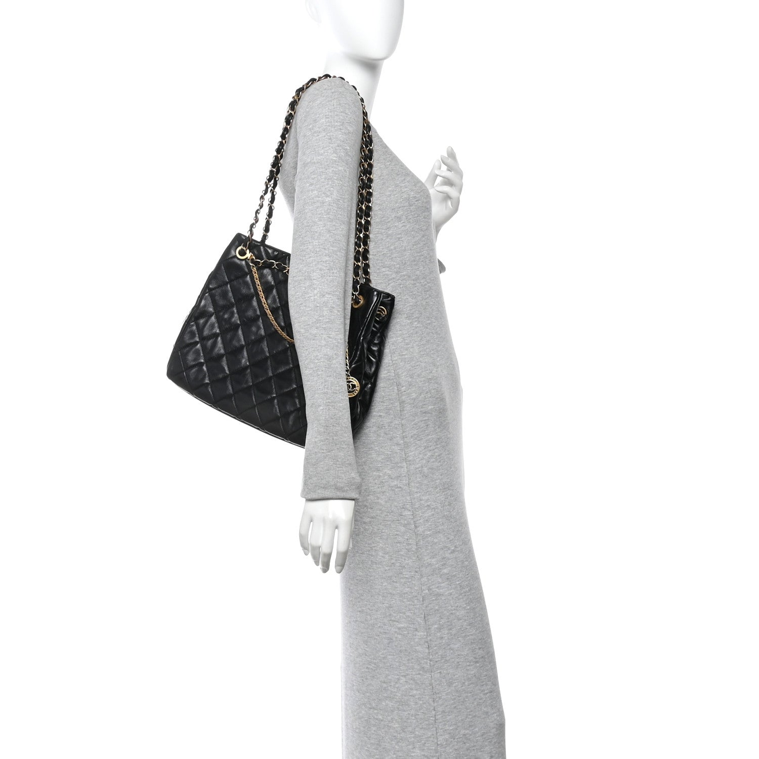 Shiny Calfskin Quilted Fancy Jewel Tote Bag Black