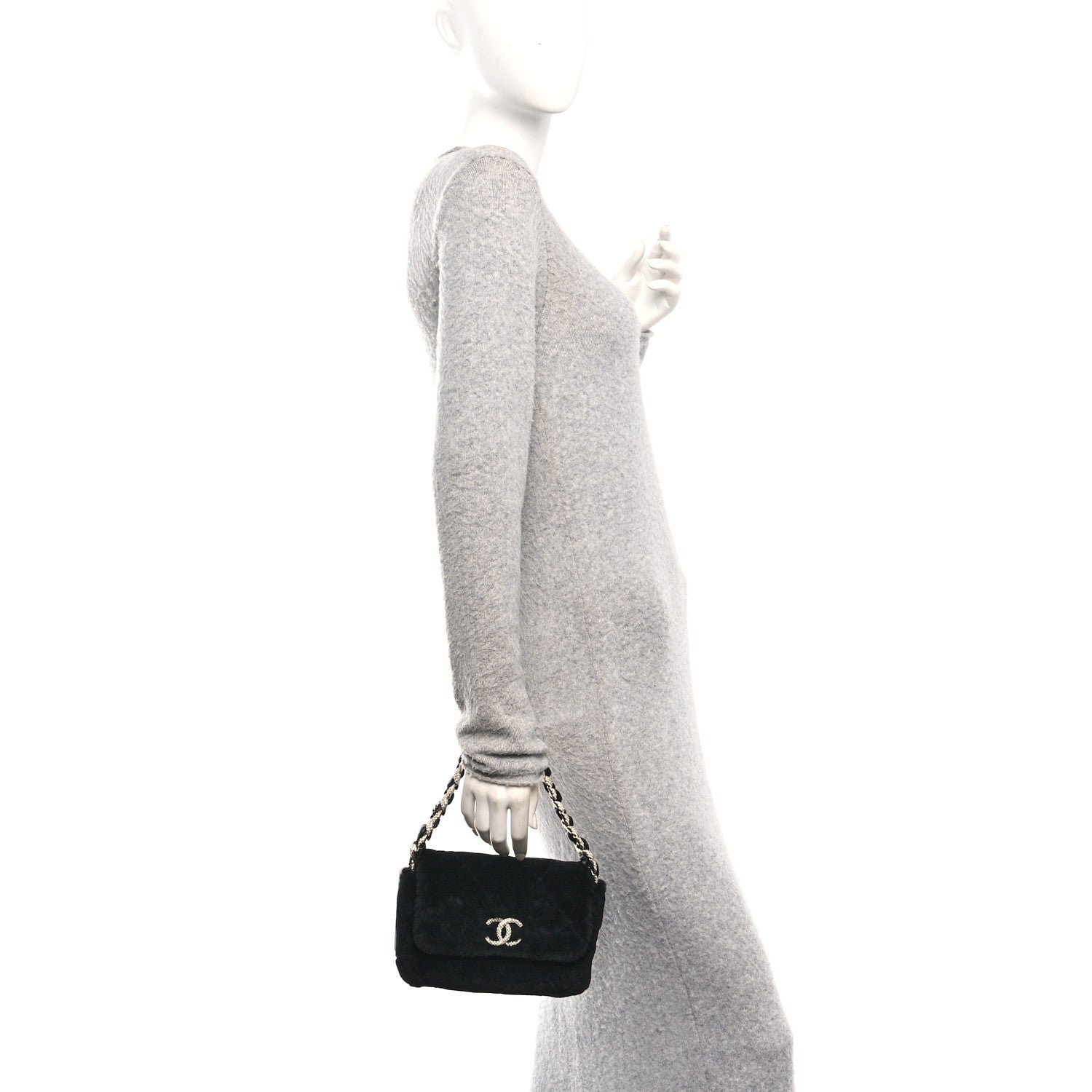Shearling Lambskin Crystal Strass Flap Black