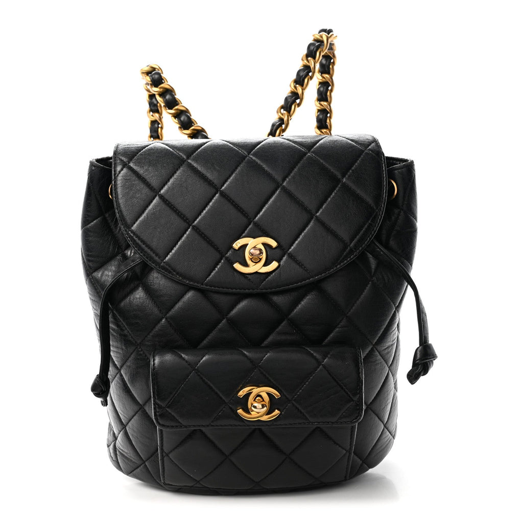 Lambskin Quilted Drawstring Backpack Black