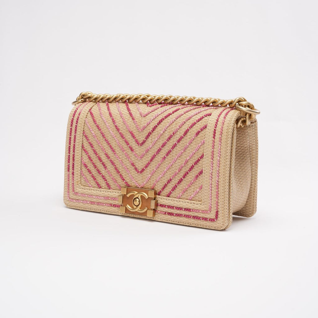 Chanel Medium Boy Flap Chevron Raffia & Leather Pink 2018