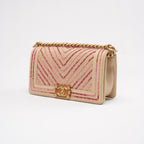 Chanel Medium Boy Flap Chevron Raffia & Leather Pink 2018