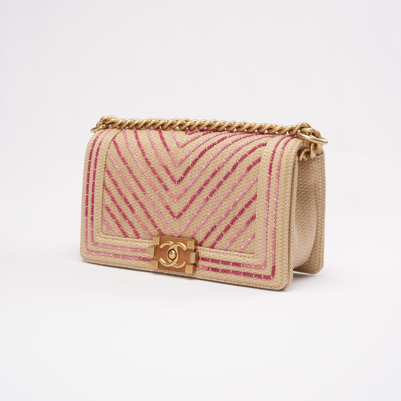 Chanel Medium Boy Flap Chevron Raffia & Leather Pink 2018