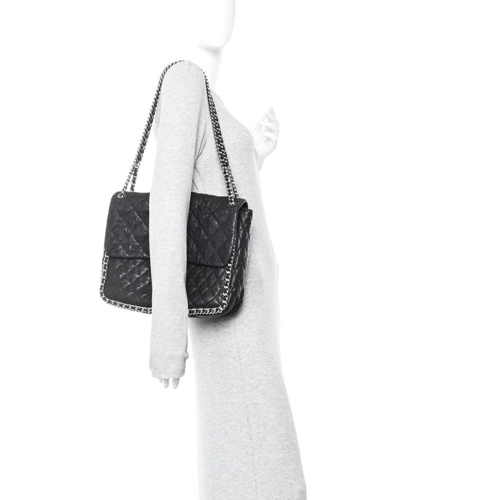 Washed Lambskin Quilted Maxi Chain Around Flap Black