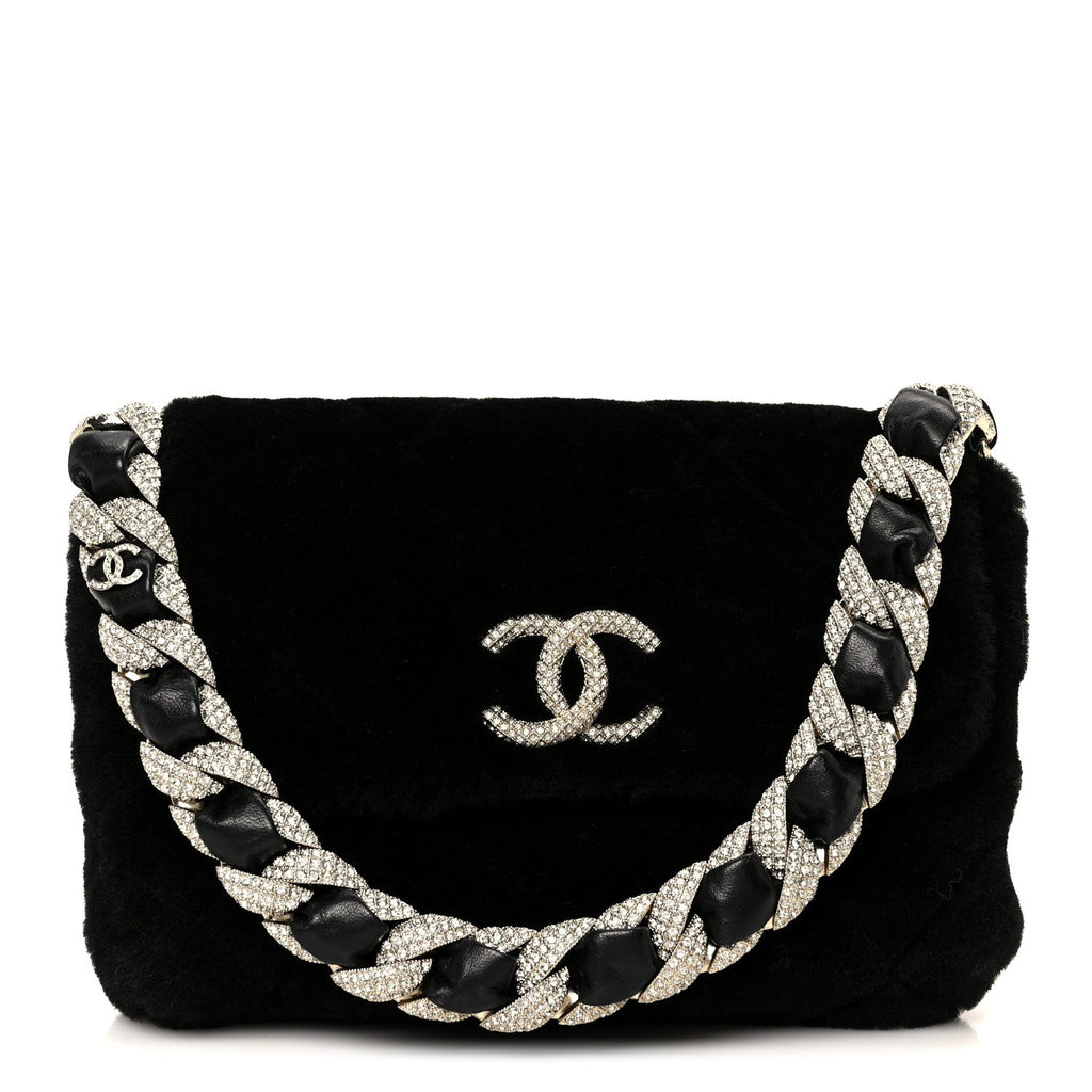 Shearling Lambskin Crystal Strass Flap Black