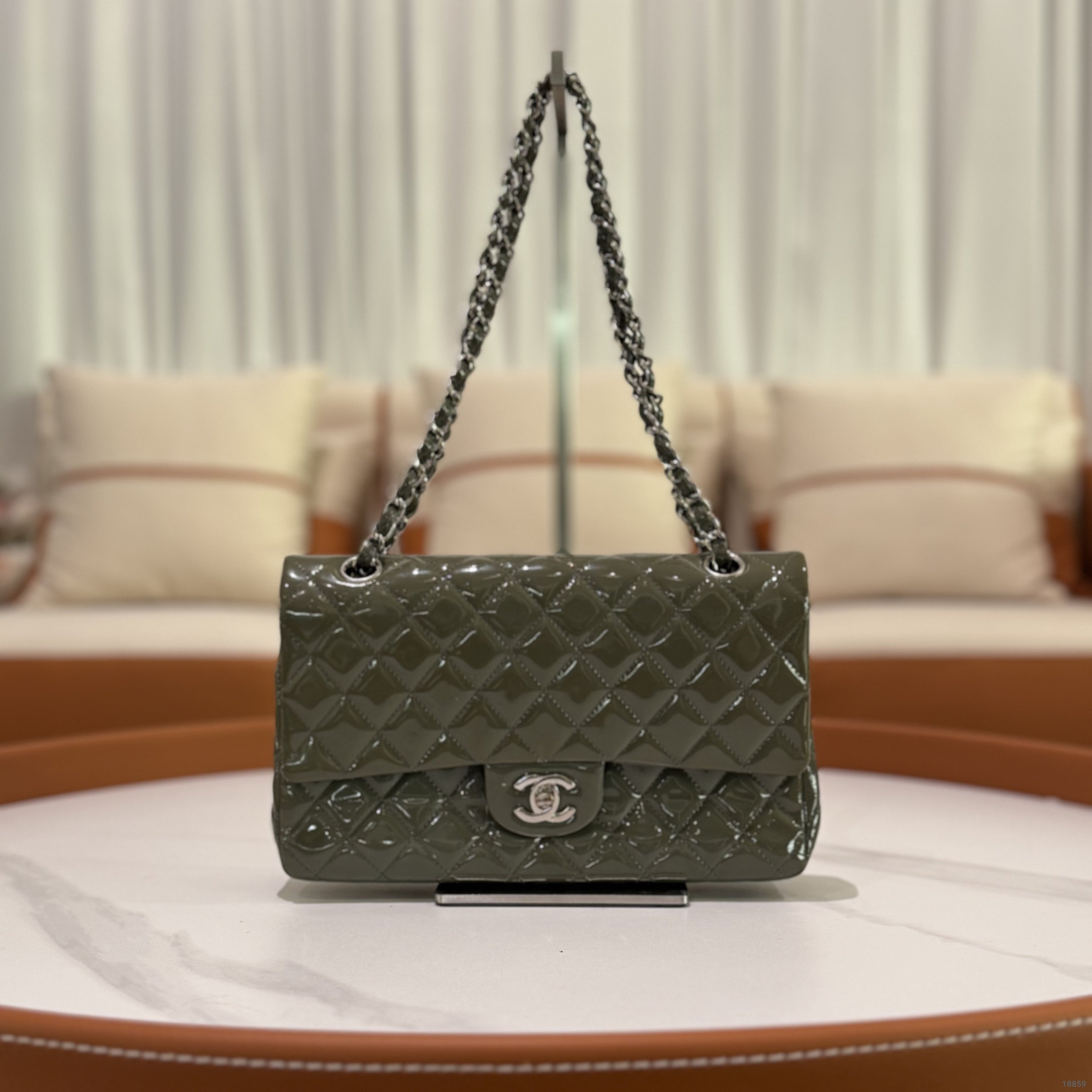 CHANEL CF CLASSIC FLAP BAG GREY-GREEN PATENT LEATHER