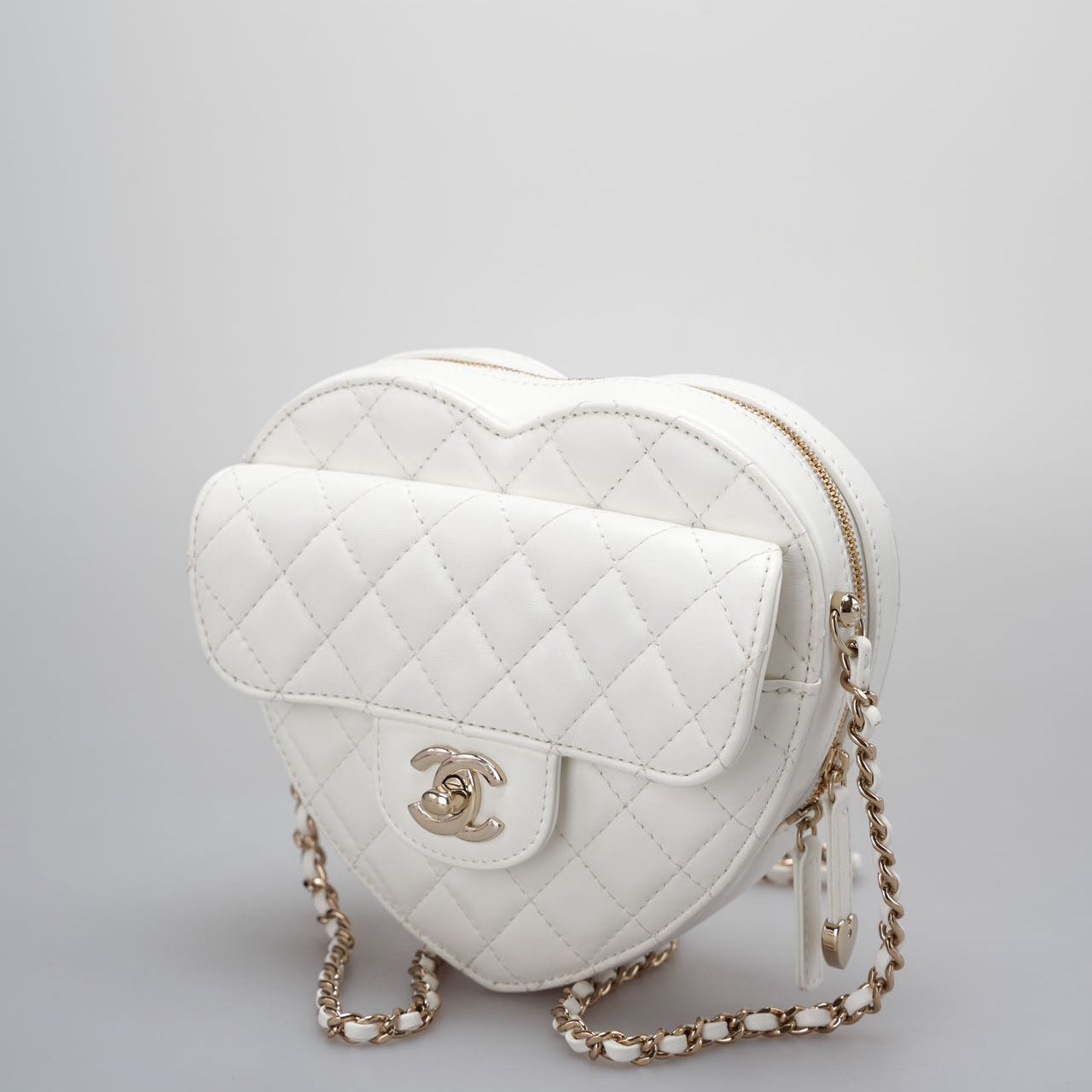 Chanel Big Heart Bag CC in Love Heart Clutch Large Size in White with Champagne Gold Hardware