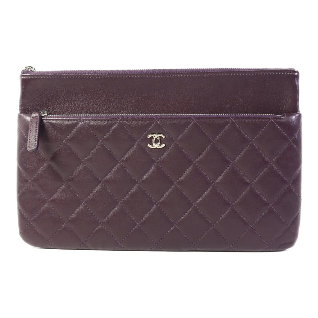 Chanel CC Quilted Lambskin Double Zip Clutch Purple SHW bag
