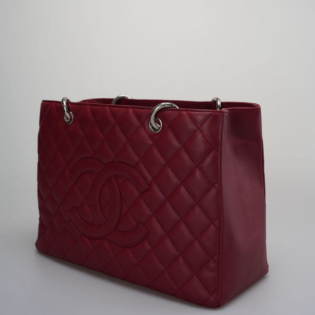 Chanel Burgundy gst Grand Shopping Tote Bag in caviar Leather with Silver Hardware