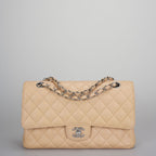 Chanel Beige Classic Double Flap Bag Medium in Quilted Caviar Leather with Silver Hardware