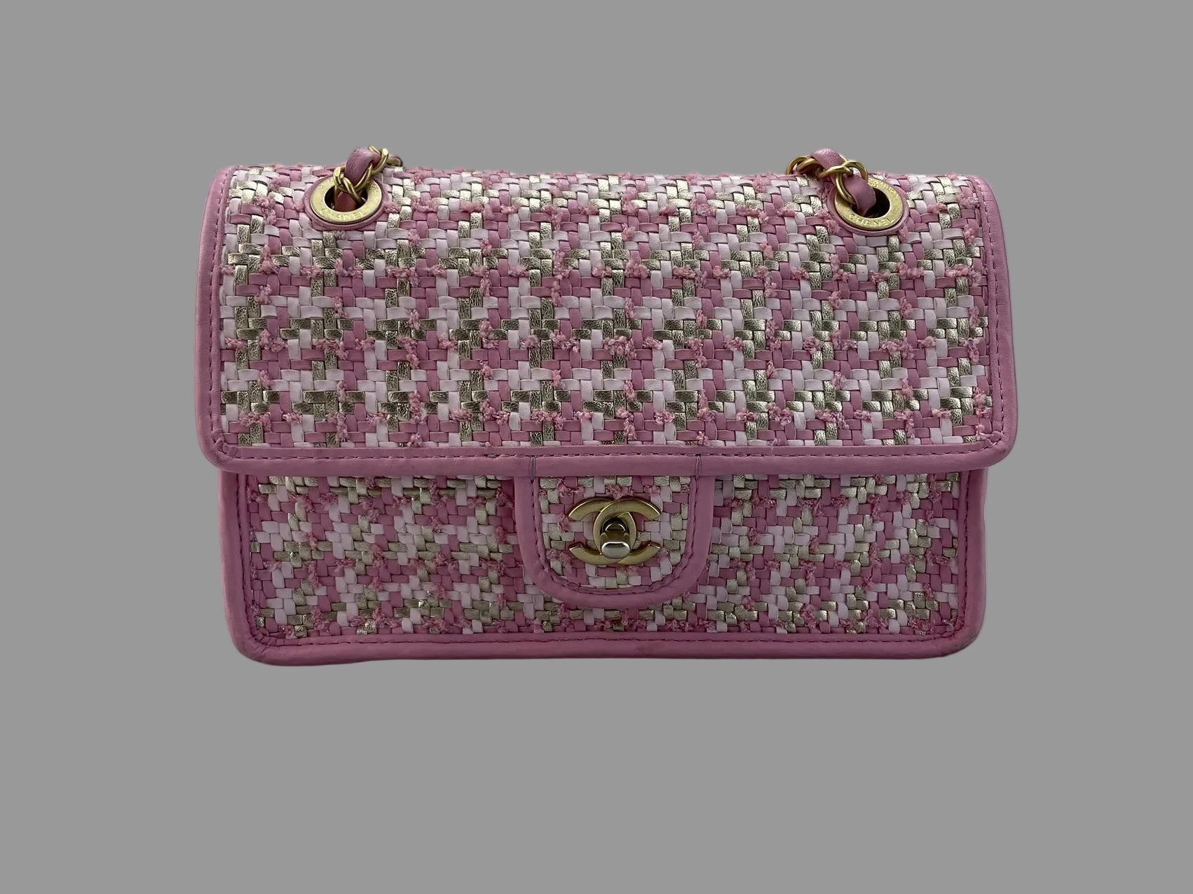 Chanel Classic Single Flap Bag Pink Woven 23C Gold Hardware