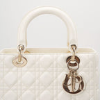 Christian Dior White Medium Lady Dior Bag in Cannage Lambskin Leather with Gold Hardware