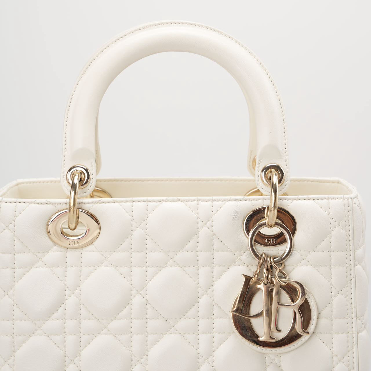 Christian Dior White Medium Lady Dior Bag in Cannage Lambskin Leather with Gold Hardware
