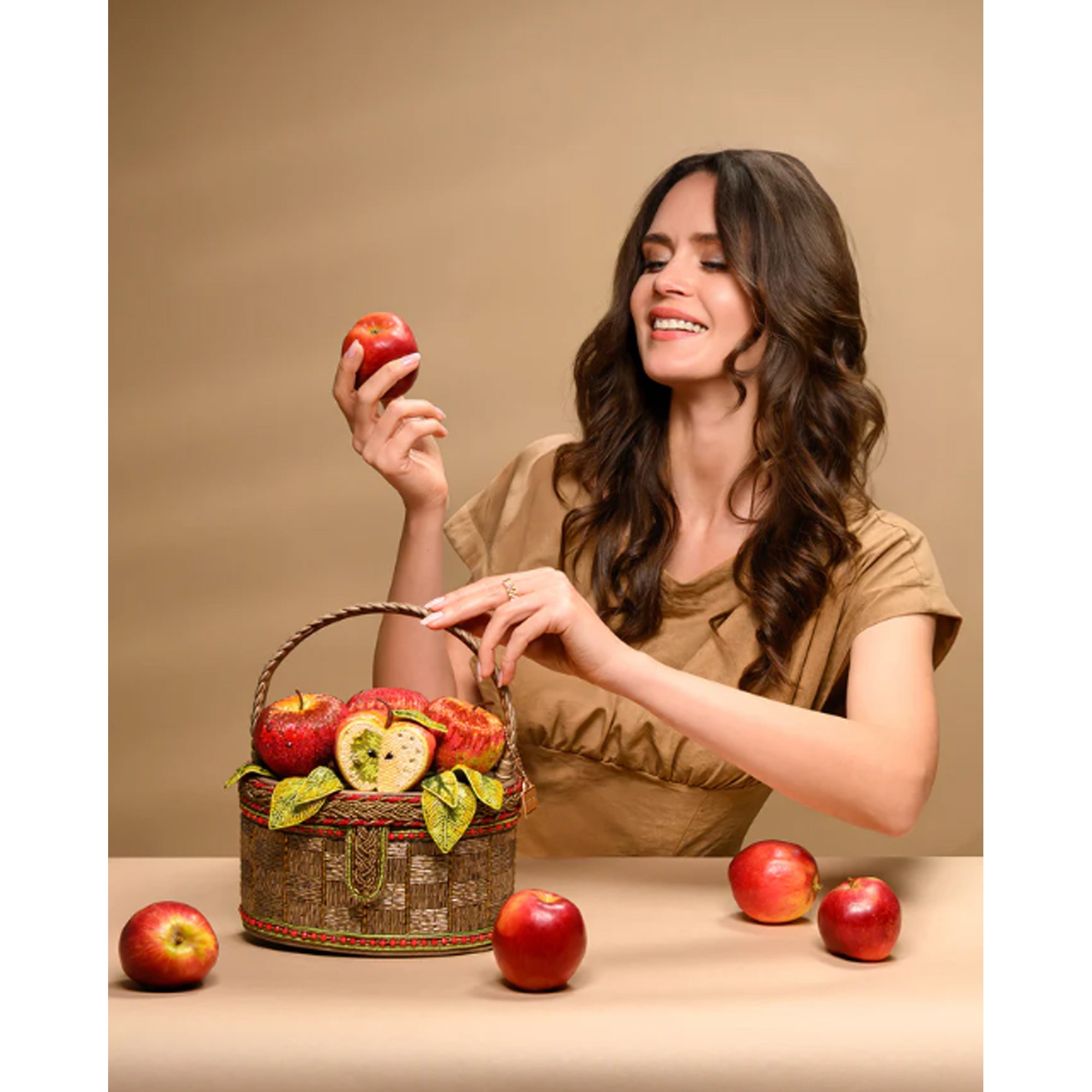 Mary Frances Apple Orchard Top Handle Bag Red Gold Basket Handbag Beige Purse NEW