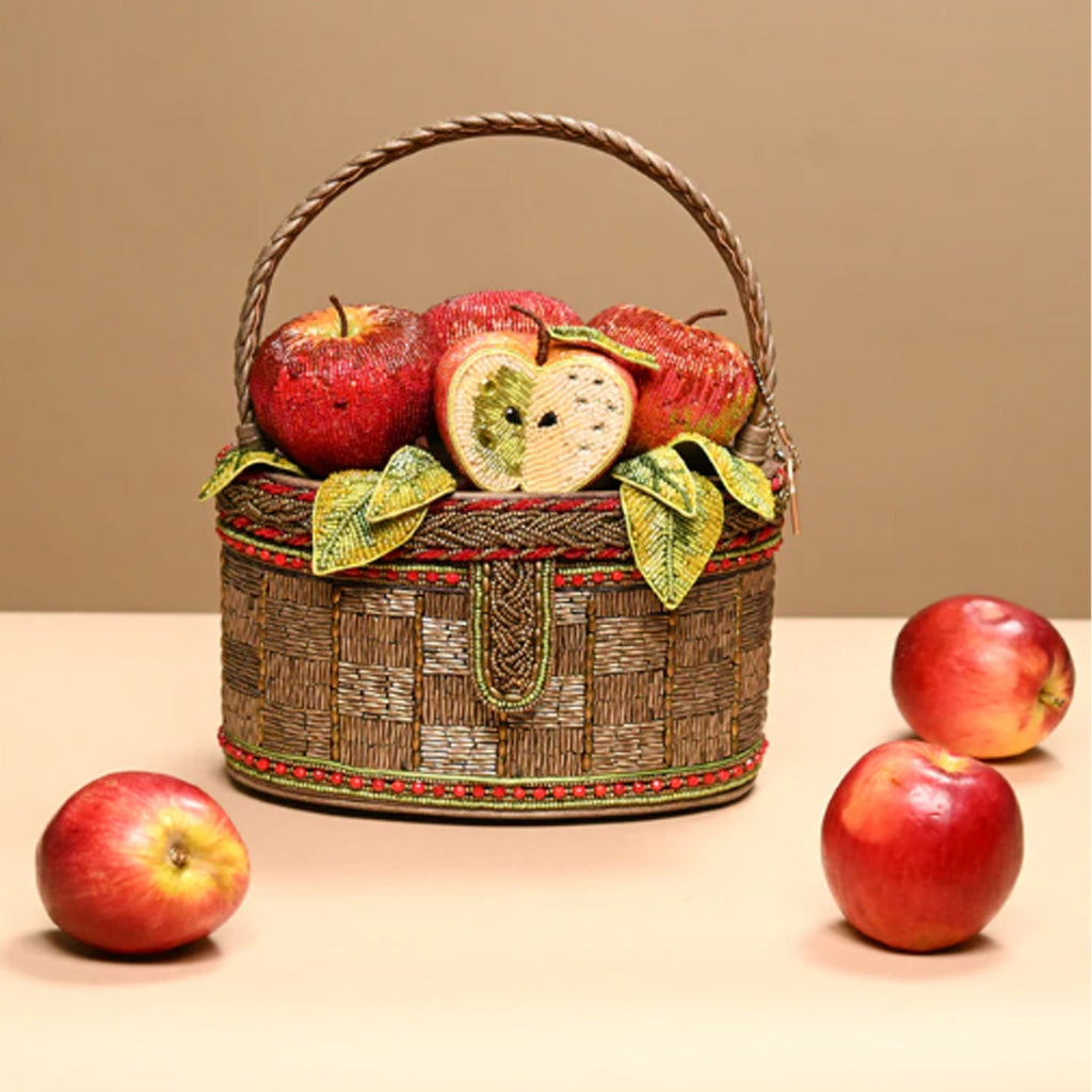 Mary Frances Apple Orchard Top Handle Bag Red Gold Basket Handbag Beige Purse NEW