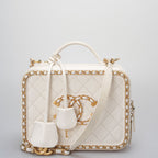 Chanel White Vanity Case Bag In Quilted Leather CC Filigree Chain Around