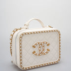 Chanel White Vanity Case Bag In Quilted Leather CC Filigree Chain Around