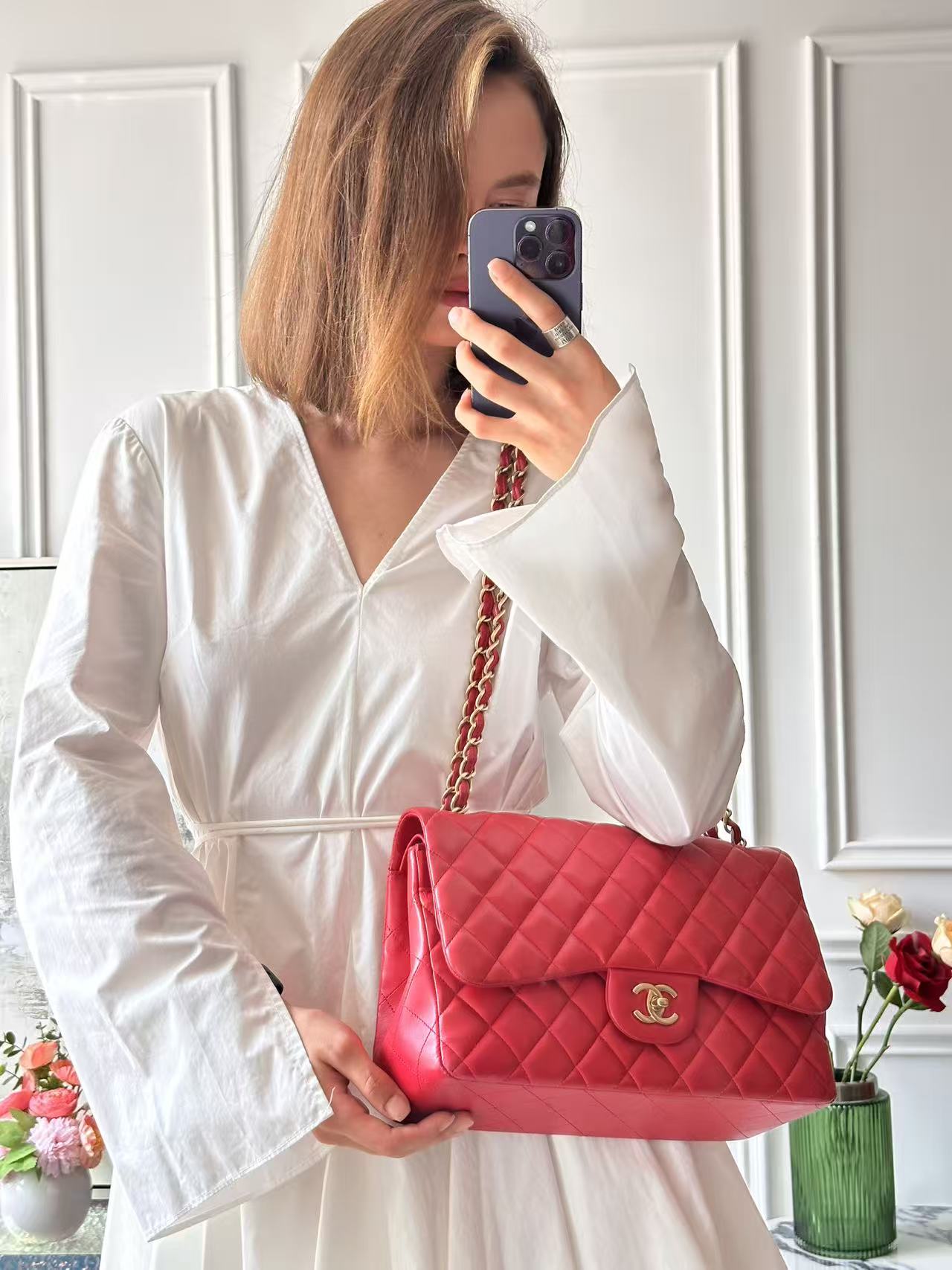 Chanel Timeless Classic Double Flap Jumbo Bag Red Lambskin Preloved