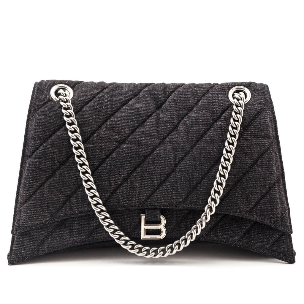 Balenciaga Black Washed Denim Quilted Large Crush Chain Bag