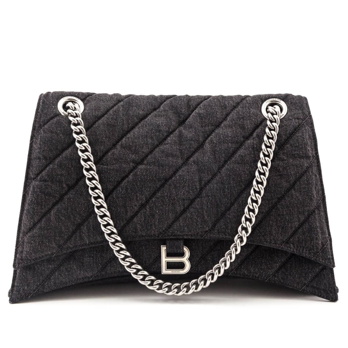Balenciaga Black Washed Denim Quilted Large Crush Chain Bag