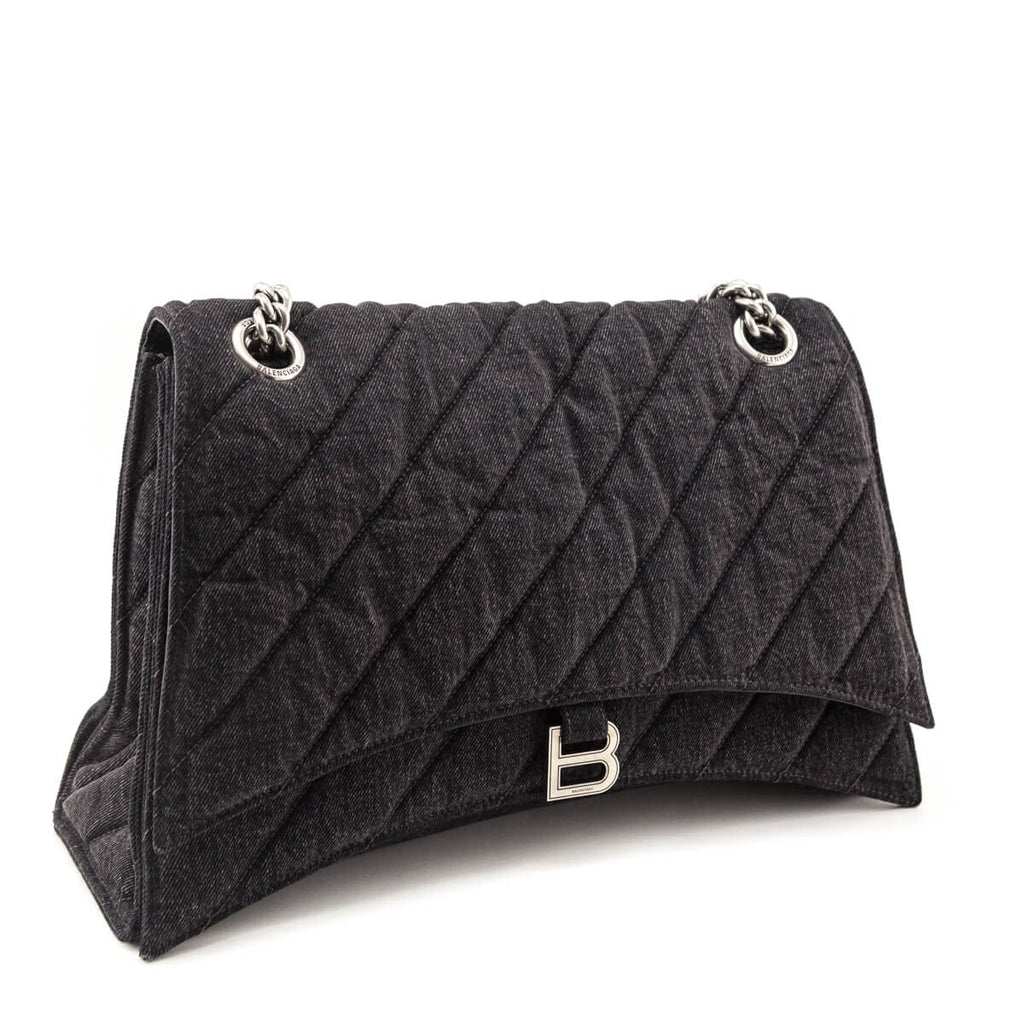 Balenciaga Black Washed Denim Quilted Large Crush Chain Bag