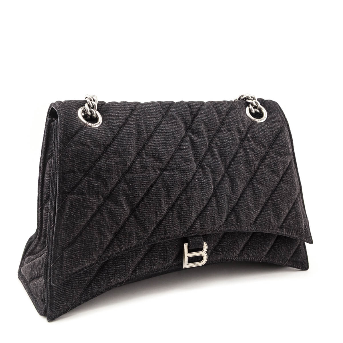 Balenciaga Black Washed Denim Quilted Large Crush Chain Bag