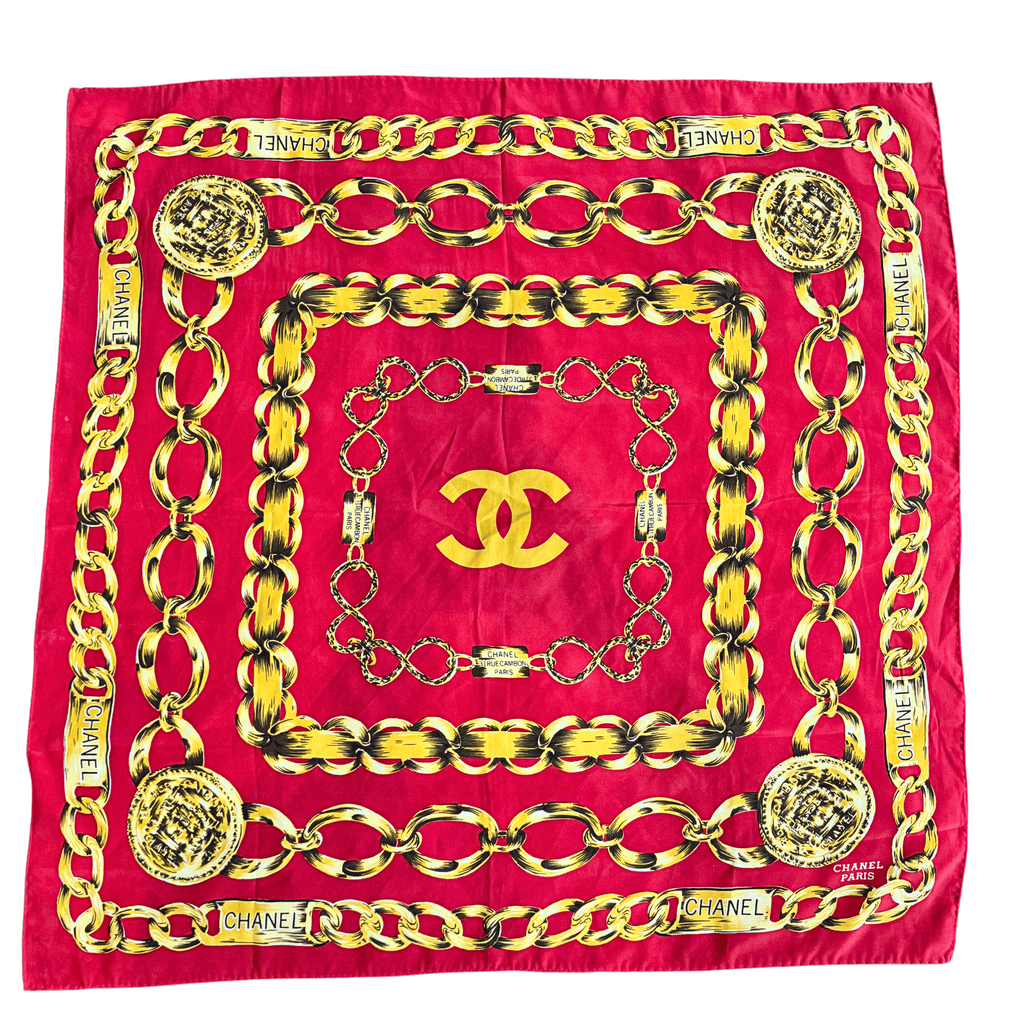 Chanel CC Red & Gold Chain Motif Silk Scarf