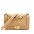 Chanel Beige Calfskin Chevron Quilted Medium Boy Flap