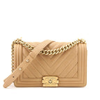 Chanel Beige Calfskin Chevron Quilted Medium Boy Flap