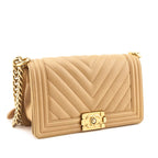 Chanel Beige Calfskin Chevron Quilted Medium Boy Flap