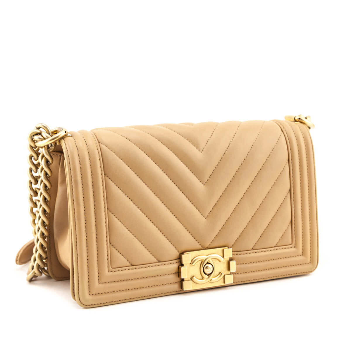 Chanel Beige Calfskin Chevron Quilted Medium Boy Flap