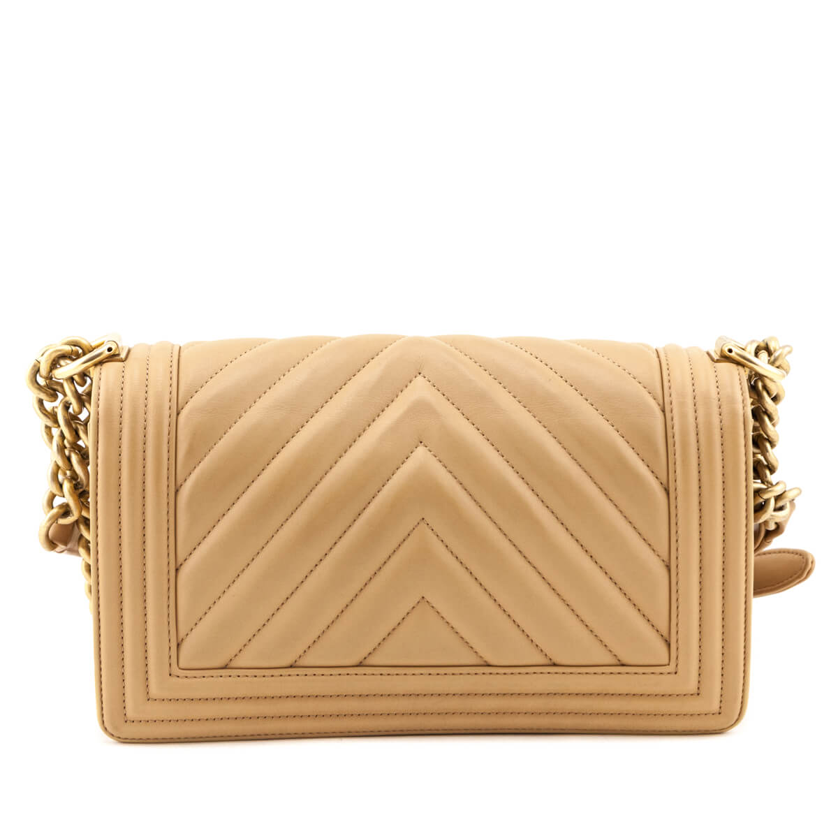 Chanel Beige Calfskin Chevron Quilted Medium Boy Flap
