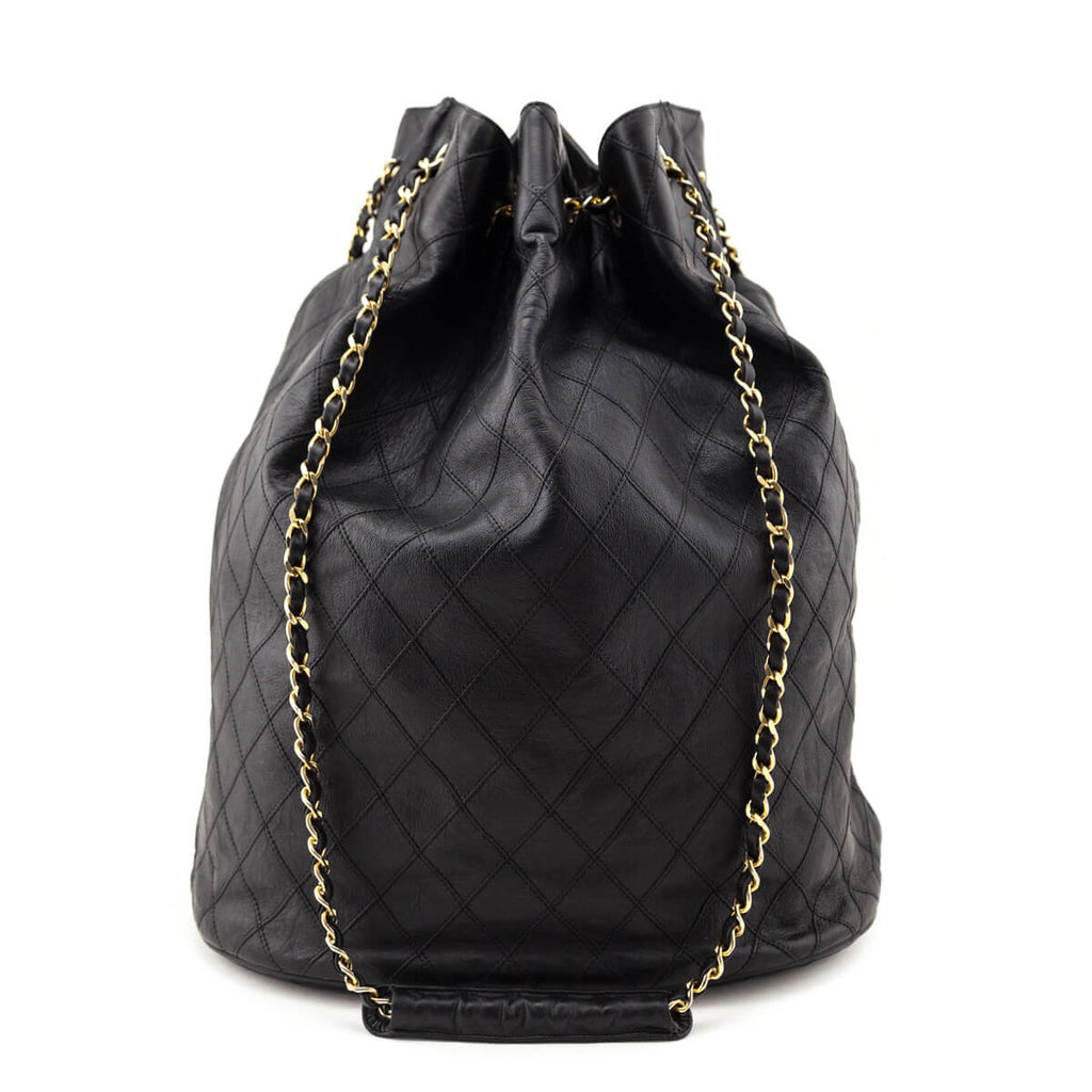 Chanel Black Lambskin Quilted Drawstring Bucket Bag