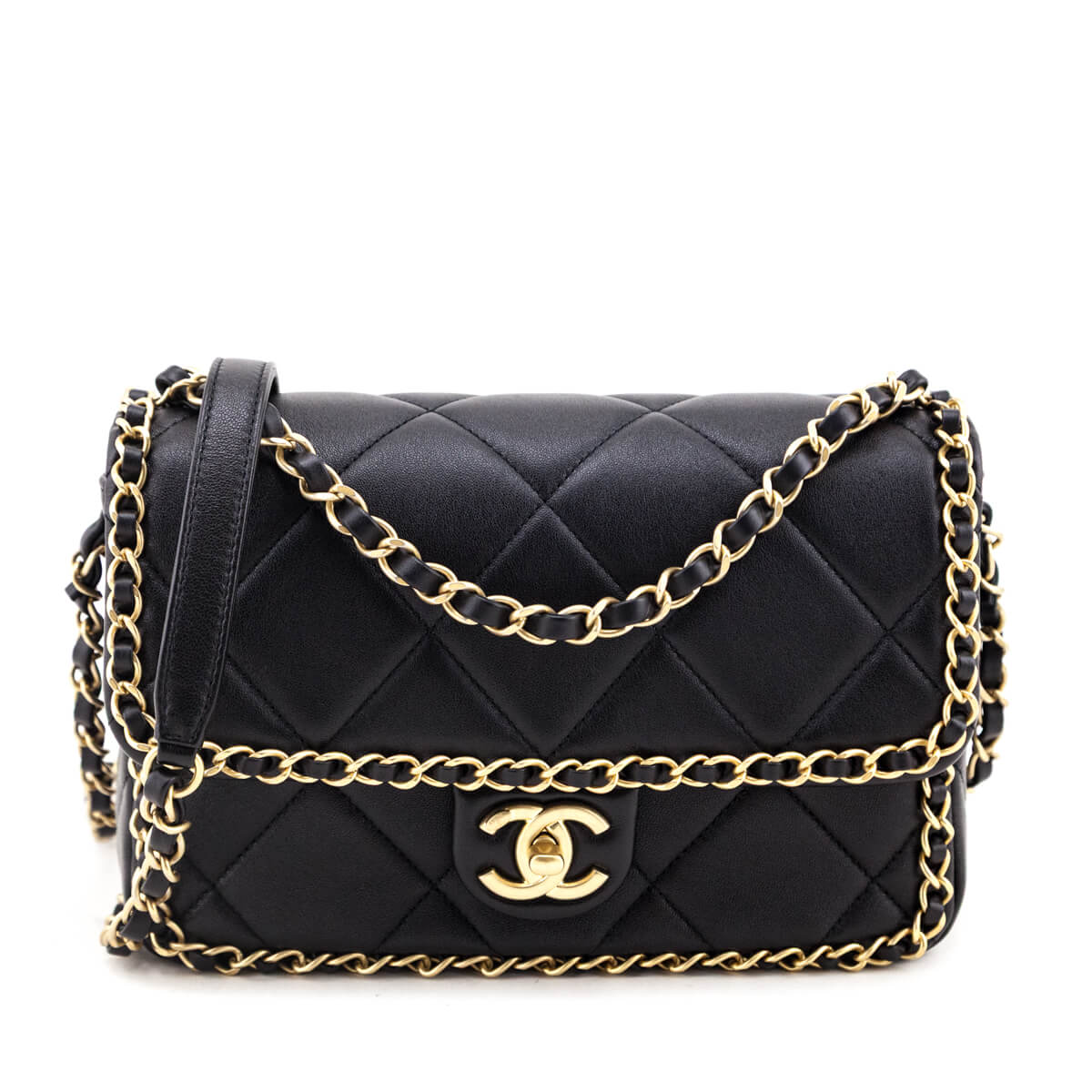 Chanel Black Lambskin Quilted Small Chain Around Flap Bag
