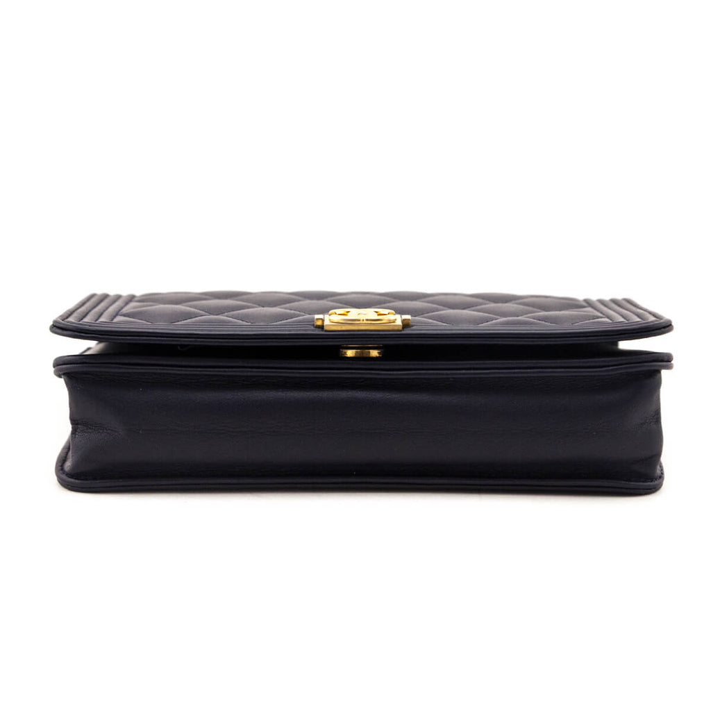 Chanel Navy Calfskin Quilted Boy Wallet On Chain WOC