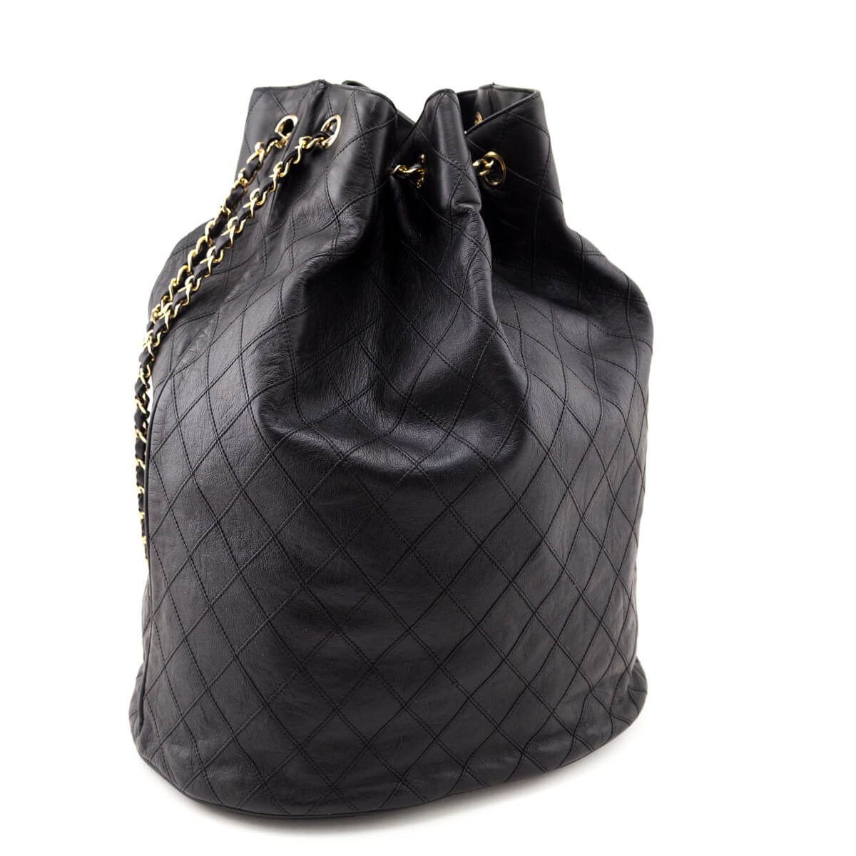 Chanel Black Lambskin Quilted Drawstring Bucket Bag