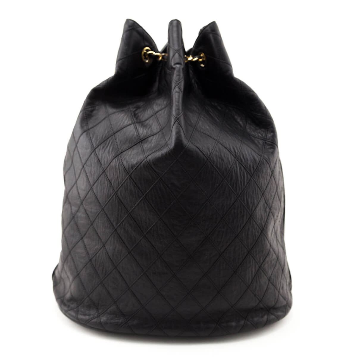 Chanel Black Lambskin Quilted Drawstring Bucket Bag