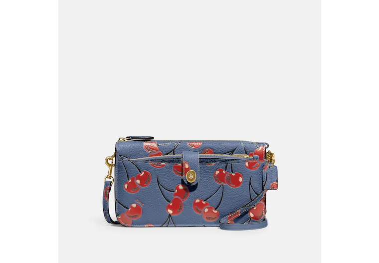 Coach Noa Pop Up Messenger Cherry Bag Leather Handbag Chambray Blue Red Purse NEW