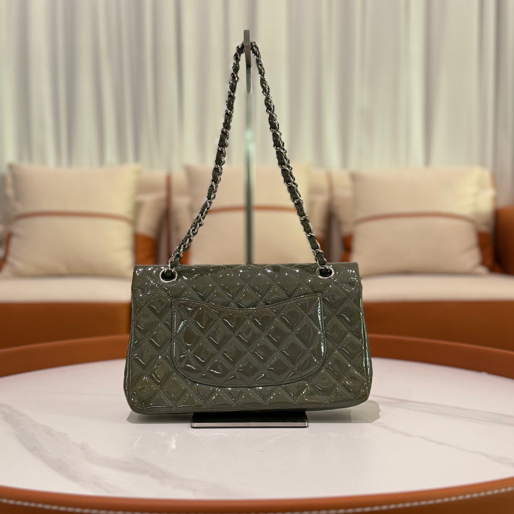 CHANEL CF CLASSIC FLAP BAG GREY-GREEN PATENT LEATHER