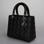 Christian Dior Black Medium Lady Dior Bag in Cannage Lambskin Leather with Silver Hardware