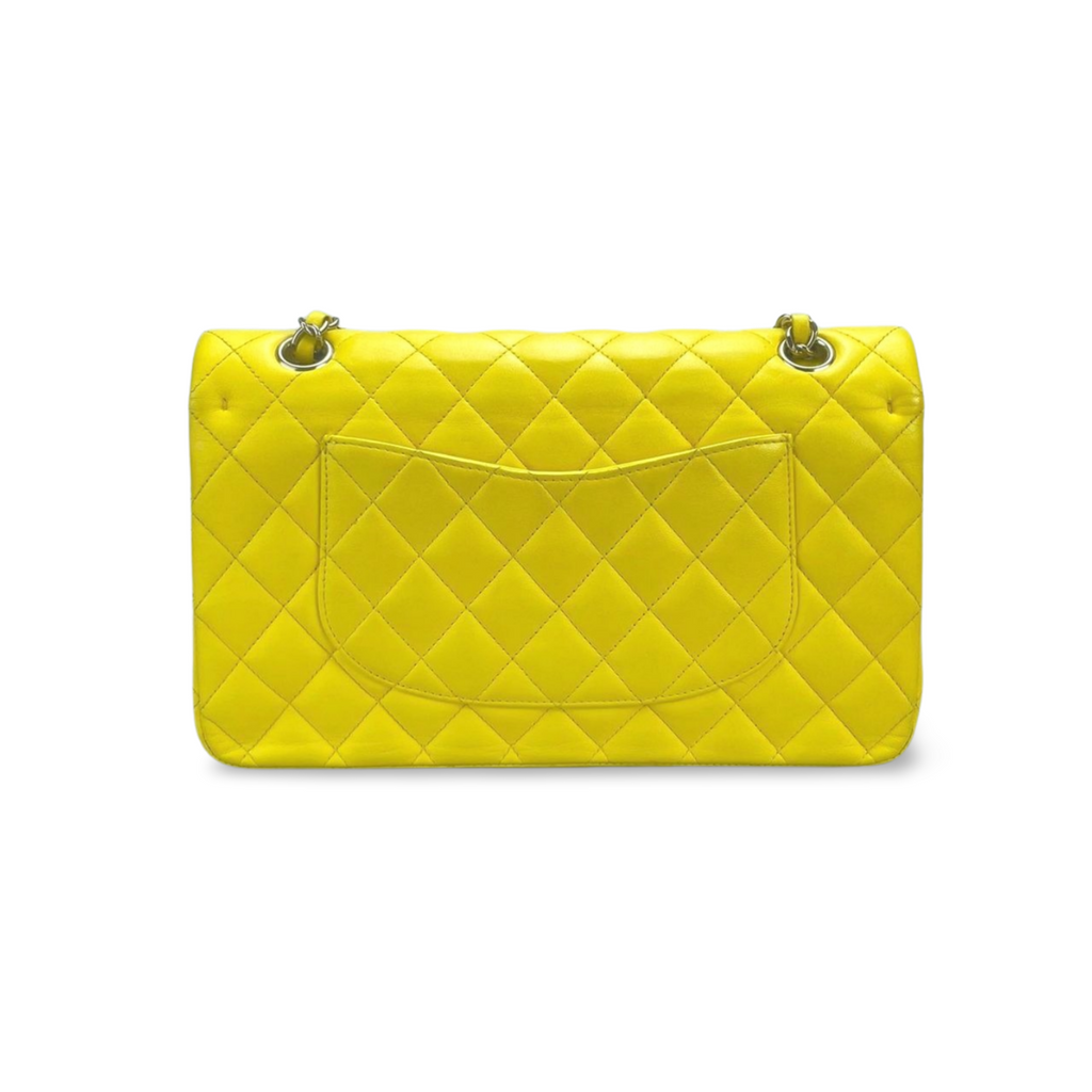 Chanel Yellow Classic Double Flap Bag Medium in Lambskin Leather with Silver Hardware